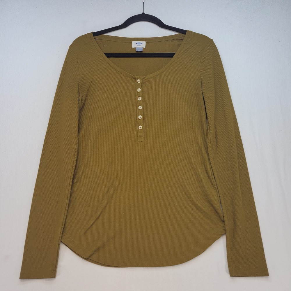 Old Navy Henley Top Womens Medium Green Ribbed Long Sleeve Button Up Scoop Neck